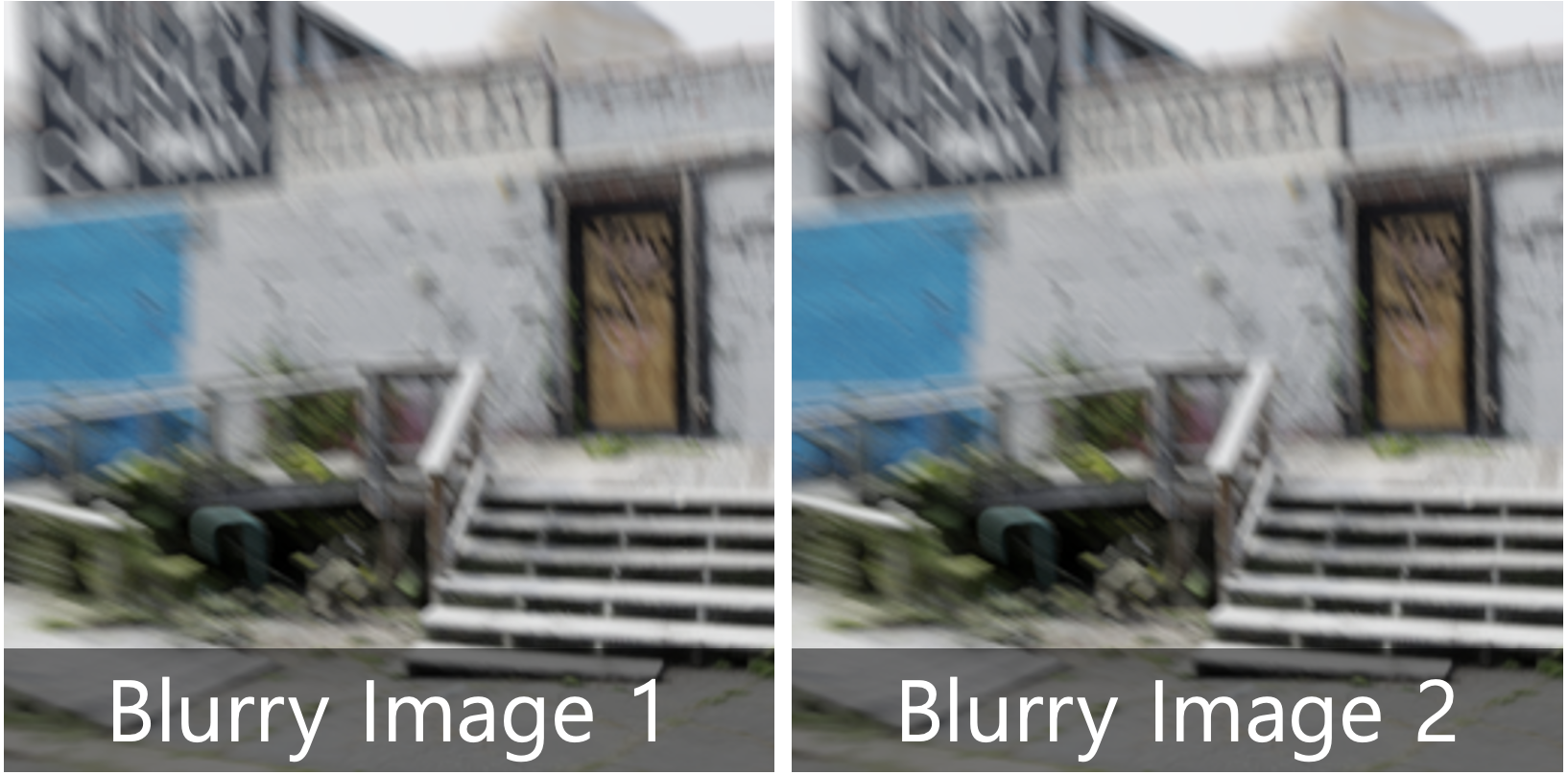 Two blurry input views and reconstructed sharp novel views for the Cascaded 2D-to-3D method